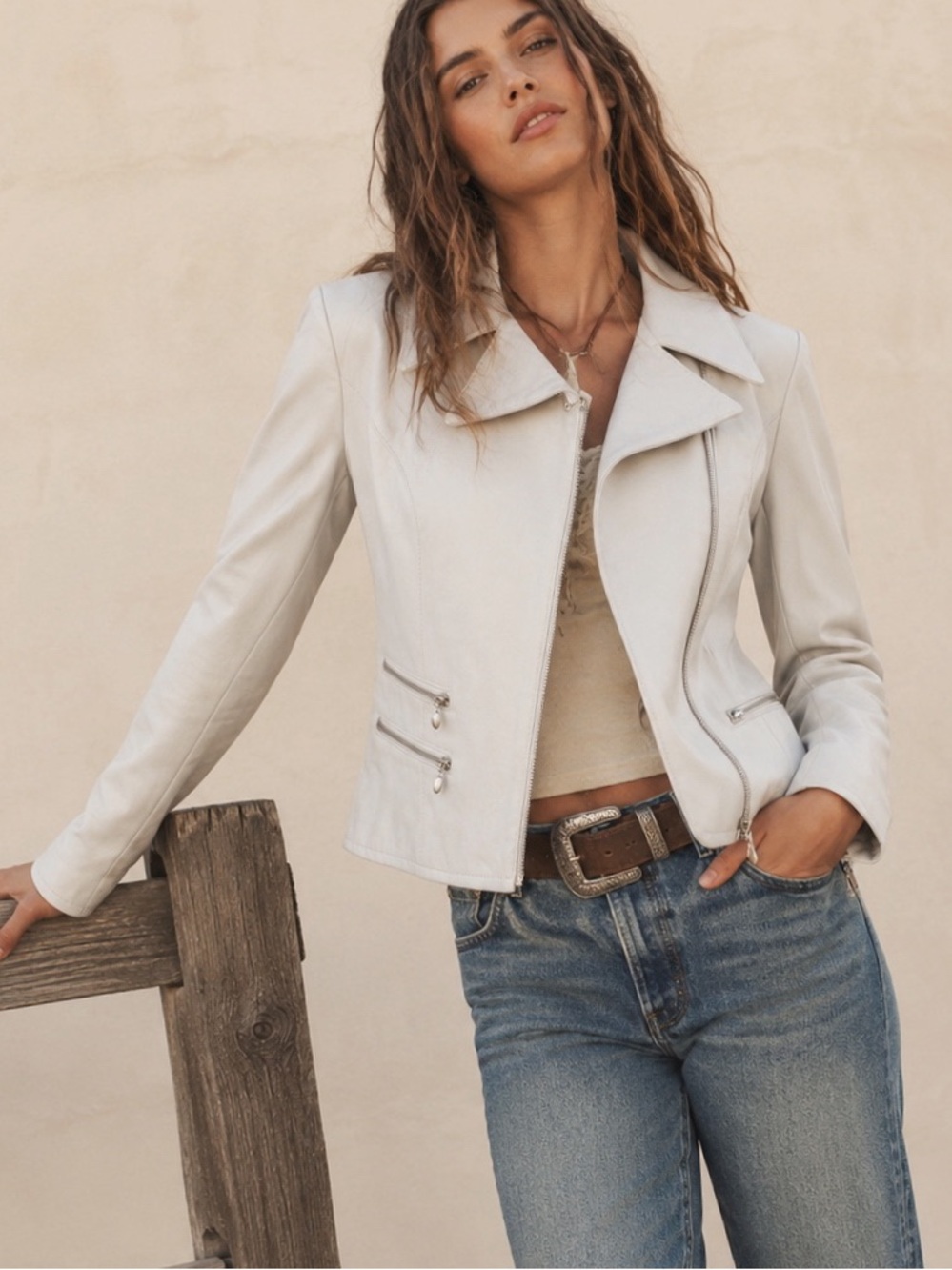 VTG Y2K 90s Acton Woman Off White Leather Moto Biker Jacket MEDIUM Western Boho